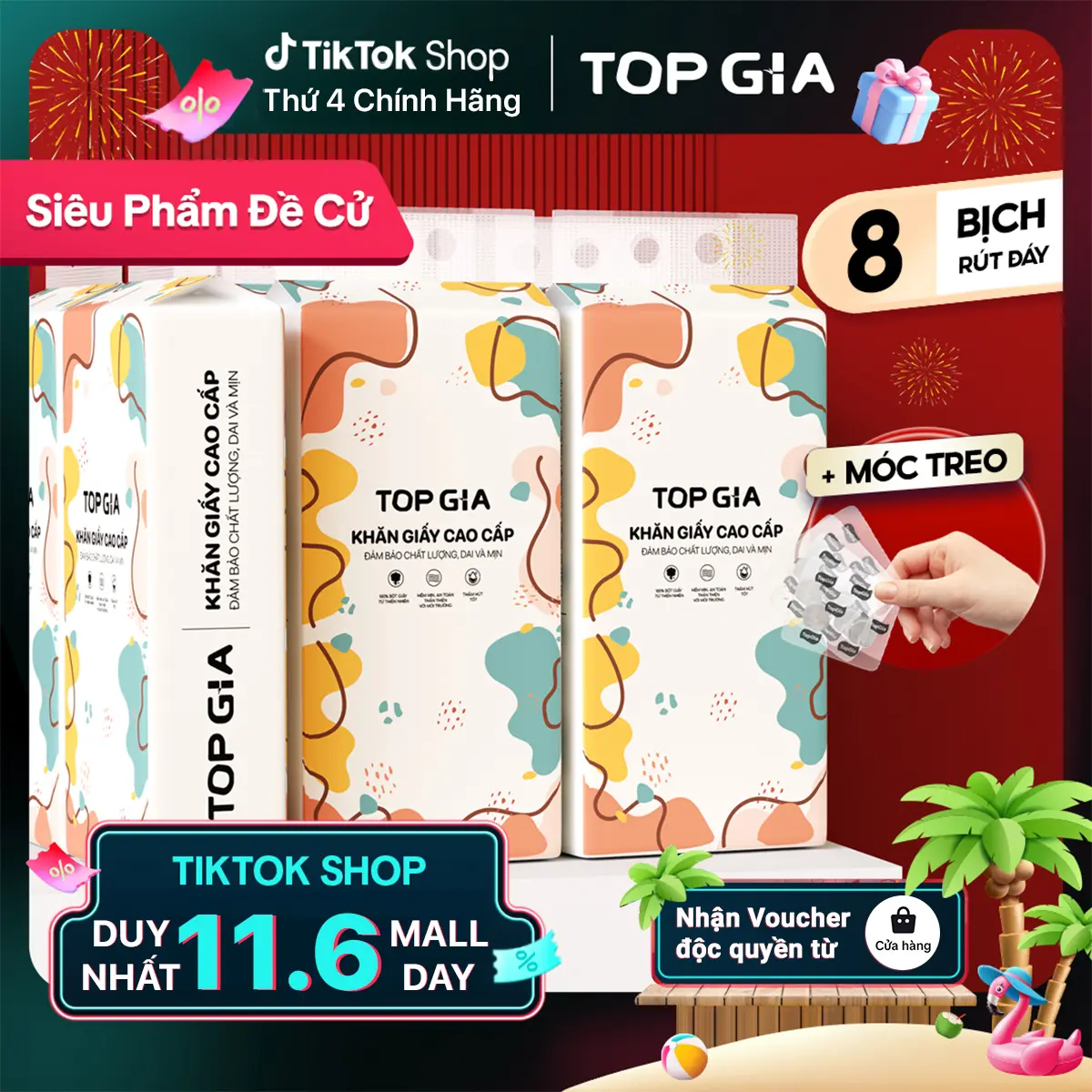 [Đa Kho] Combo 8 Bịch Khăn Giấy Rút Đa Sắc Cao Cấp Treo Tường Tiện Lợi Topgia, Giấy Ăn Mềm Mịn 4 Lớp Không Bụi Mịn (Ds)