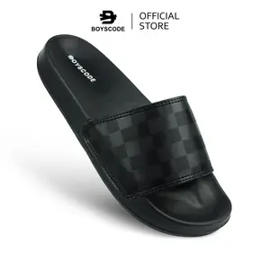 BOYSCODE Sendal Selop Distro Karet Pria Wanita Catur Hitam Fullblack / Slip On / Slide / Slop