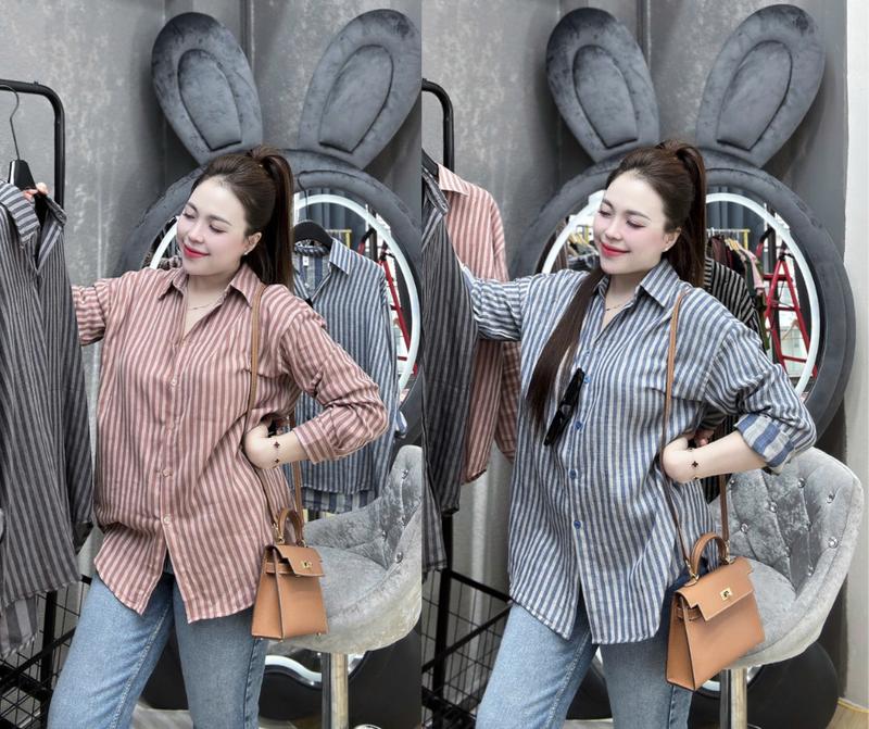 Áo sơ mi nữ kẻ sọc thiết kế vạt bầu phong cách trẻ trung năng động, chất liệu mềm mặc mát thoải mái có size đến 80KG