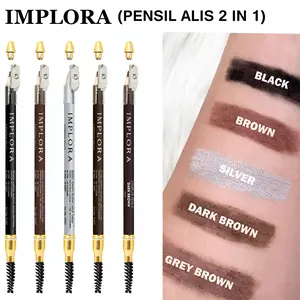 Pensil Alis Wajah Implora Eyebrow Pencil 2 In 1 Dark Brown Hitam Coklat Grey Brown Tahan Air Dan Tahan Lama 2.5g | PANJI APANDI SHOP Black