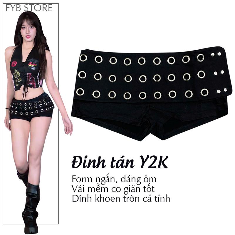  A3 - Quần short kaki thun nữ cạp thấp gắn khoen tròn quần đùi đinh tán băng gài bản to lưng thấp ôm fit Y2K dancer cá tính 