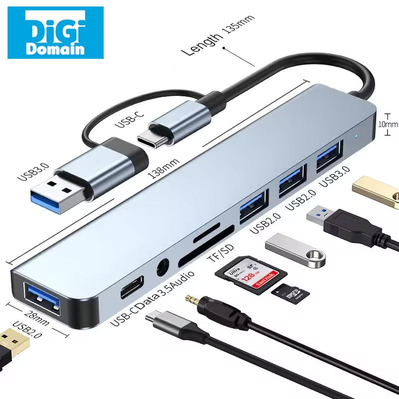 Trạm kết nối, Đầu kép 8 trong 1, Đầu đọc thẻ HUB, Tương thích với điện thoại di động Type-C, máy tính xách tay và máy tính bảng, mở rộng đa giao diện USB