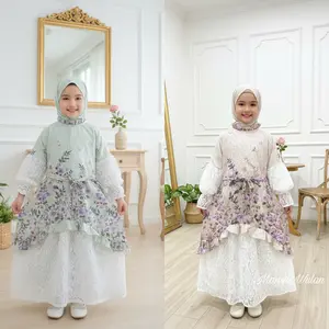 MW-SHOP - Gamis Bunga Sakura Babydoll Mix Brukat Full Puring Anak  Perempuan Usia 1 - 10 Tahun / Baju Gamis Raya Anak Motif Bunga - Fashion Muslim Lebaran Anak Free Hijab
