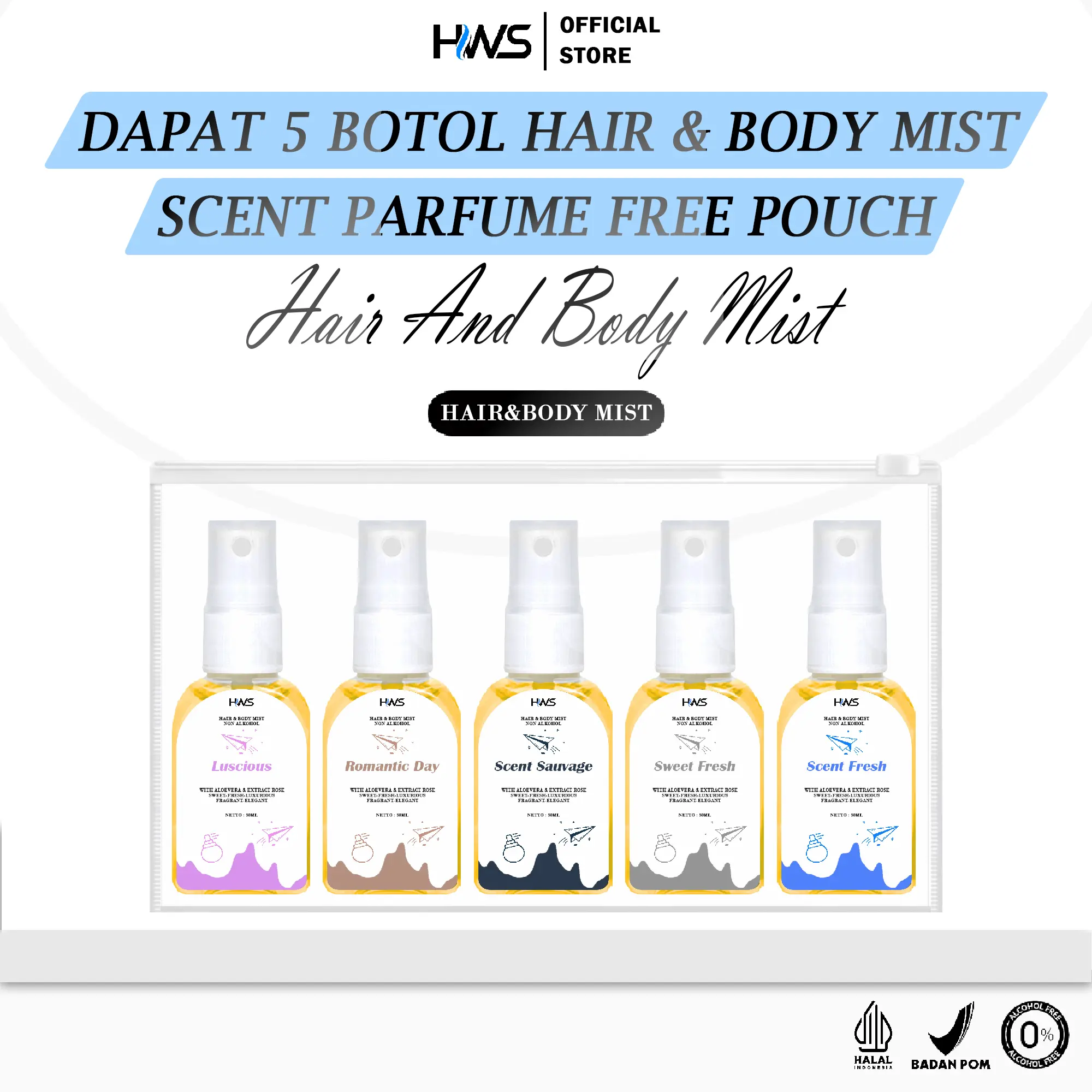 Dapat 5 Botol  Perfume Parfum Hair & Body Fragrance Mist Hws Parfum 30mL with Vitamin E and Aloe Vera BPOM