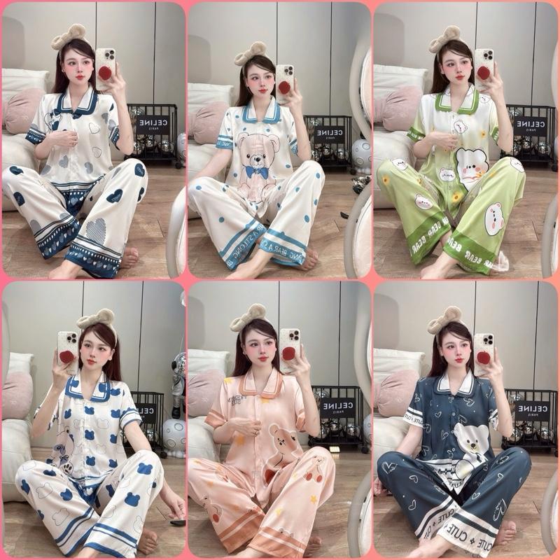 Đồ bộ tay ngắn quần dài lụa latin thiết kế cute size dưới 65kg , bộ ngủ nữ mặc nhà thoải mái, pijama nữ lụa mịn mát , đồ ngủ, bộ ngủ thoải mái, pizama dài