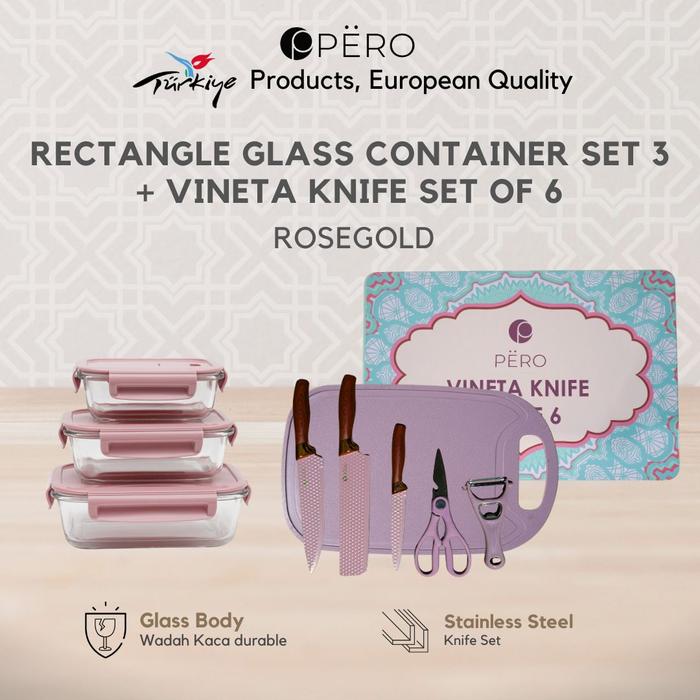 Gambar [CELYHOME PO 10 MARET] Pero Bundling Rectangle Glass Container set of 3 + Vineta Knife set of 6 / Wadah kaca set of 3 + Pisau set of 6 - Rosegold dari Pero Indonesia Kab. Tangerang 2 Tokopedia