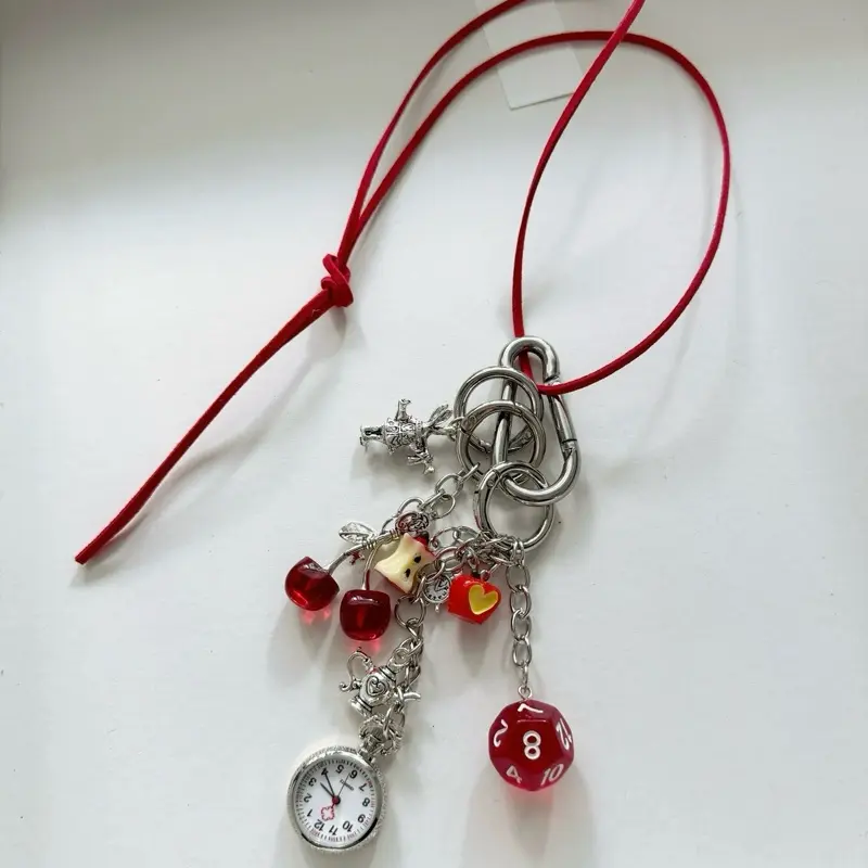 Monstell Gantungan kunci tas hp casing liontin dadu cherry appel jam love y2k gantungan korea tas unik lucu vintage aestethic  all in one liontin stainless logam perak bag charm keychain