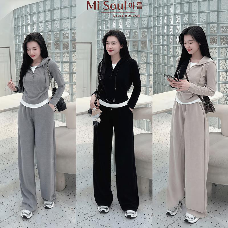 Set Bộ Dài Tay Nữ Len Lông Thỏ Có Mũ Cúc Cổ Phối Viền Trắng Nhún Eo Mix Quần Suông Dài BigSize MiSoul Set Thu Đông 336 Áo