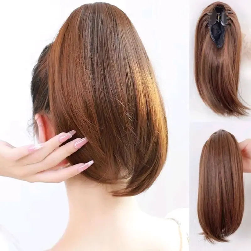 Hairclip Ponytail Rambut Palsu Capit Lurus 30cm Ponytail AESRORA Korea Cepol Hairbun Capit Rambut Wanita Coklat 5
