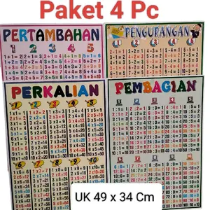 Paket 4 Poster Matematika Penjumlahan Pengurangan Perkalian Pembagian Ukuran 49x34 Cm Kertas Karton Tebal Kualitas Terbaik Harga Ekonomis