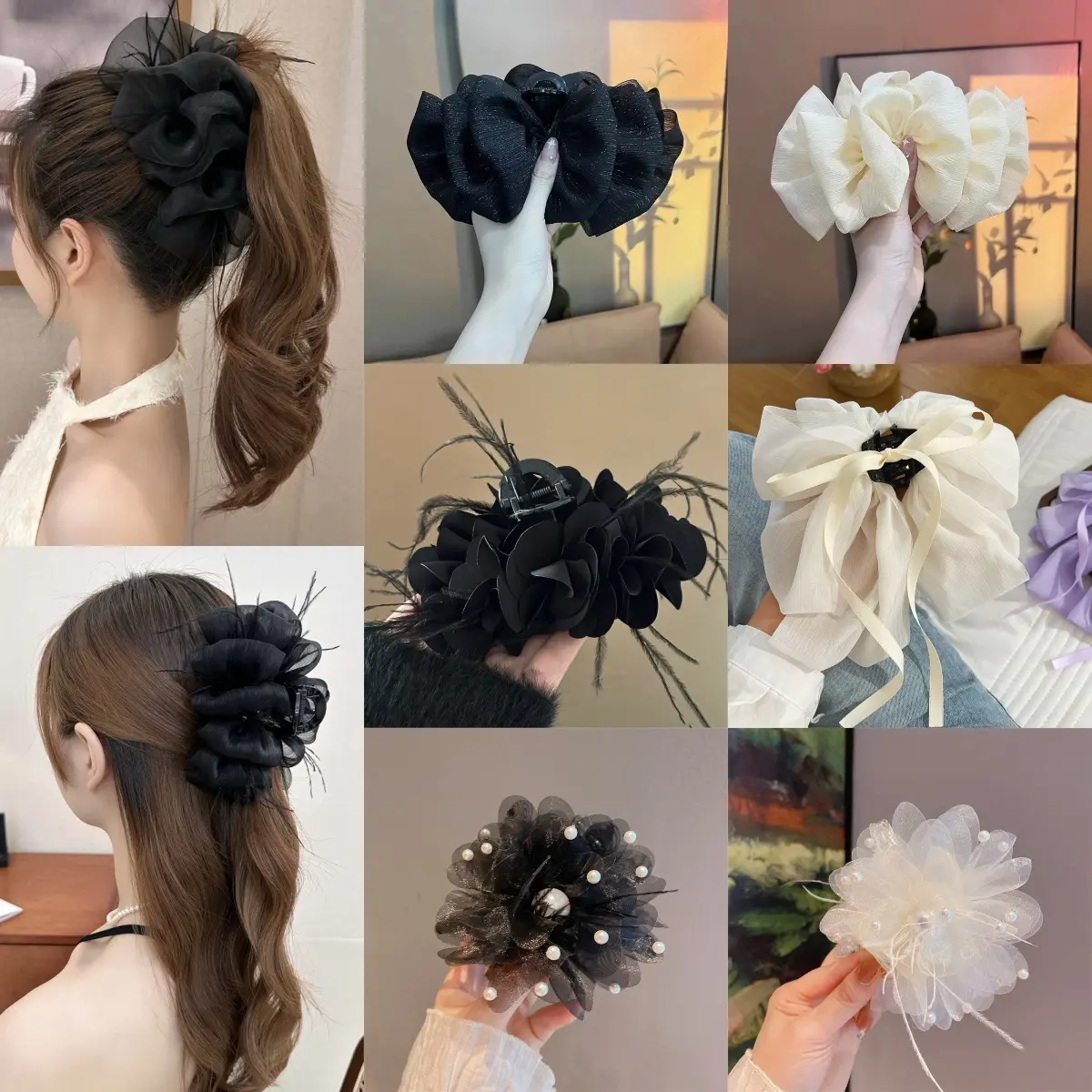 Kẹp Tóc Đám Mây, Chất Liệu Gạc Xốp Ren, Kẹp Cá Mập Lông Vũ Màu Đen, Giá Đỡ Kẹp Tóc Ngoại Cỡ, Kẹp Tóc Tấm Sau Đầu, Phong Cách Mới,kẹp tóc lả lơi ，kẹp tóc nửa đầu xinh，mẫu kẹp mới nhất hiện nay