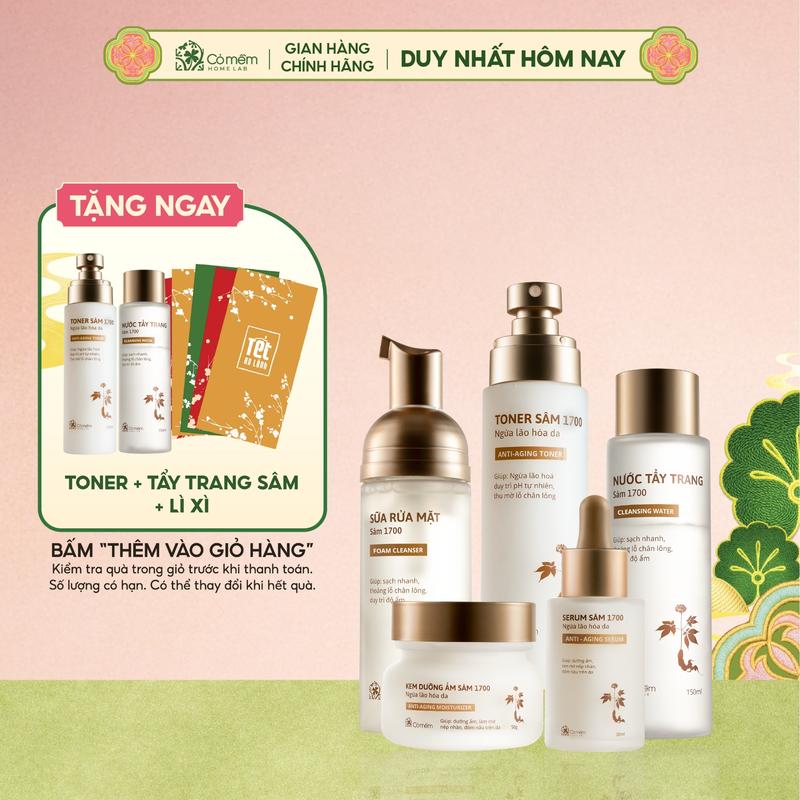 COMBO TẶNG 2 QUÀ MIỄN PHÍ Combo Chăm Sóc Da Giúp Ngừa Lão Hoá Da Nước Tẩy Trang Sữa Rửa Mặt Toner Serum Kem Dưỡng Kem Chống Nắng Sâm 1700 Cỏ Mềm