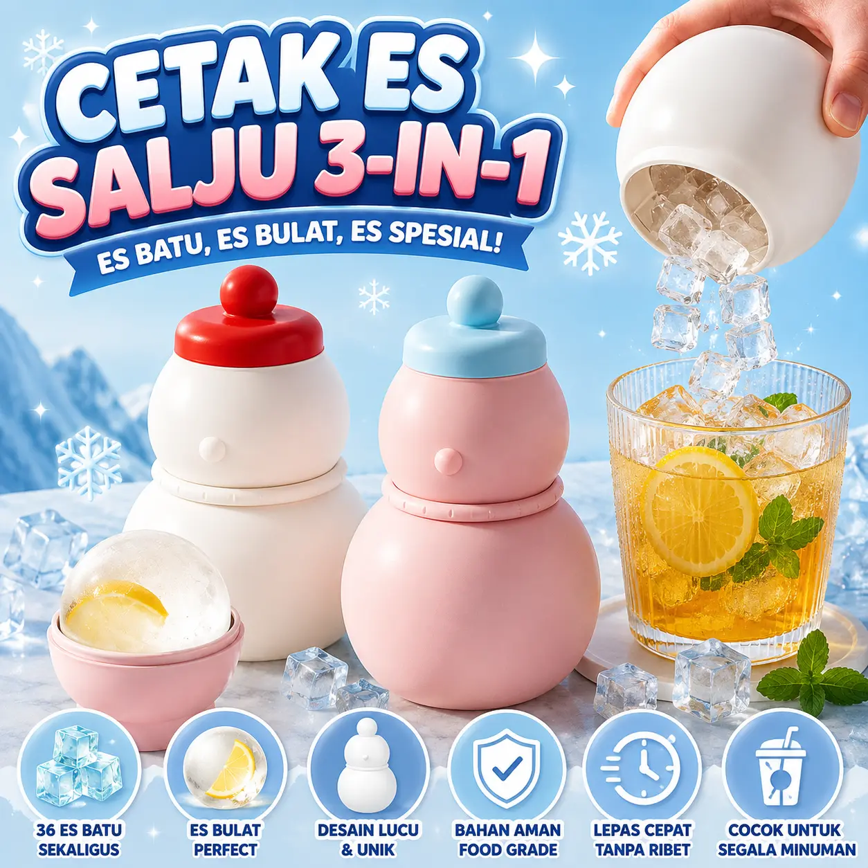 3 In 1 Cetakan Bola Es Manusia Salju / Cetakan Bola Es Silikon Mudah Dilepas / Gelas Pembuat Es Kreatif Untuk Rumah Tangga