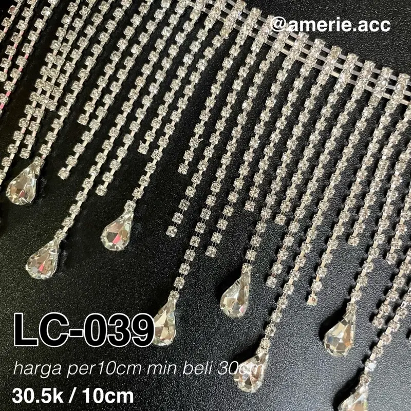 Aksesoris Payet Rangkai Jahit Rumbai LC-039 harga per10cm min beli 30cm Tassel Rhinestone kristal motek manik [Amerie Acc] untuk fashion bridal kebaya kaftan wedding dress gaun pesta sepatu heels dll