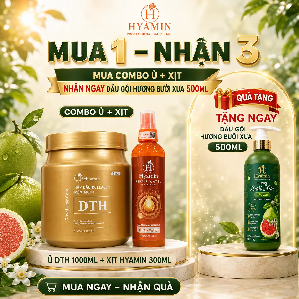 [MUA 1 NHẬN 3] Combo Hyamin hấp dầu Collagen DTH 1000ml xịt đạm phục hồi khô xơ 300ml