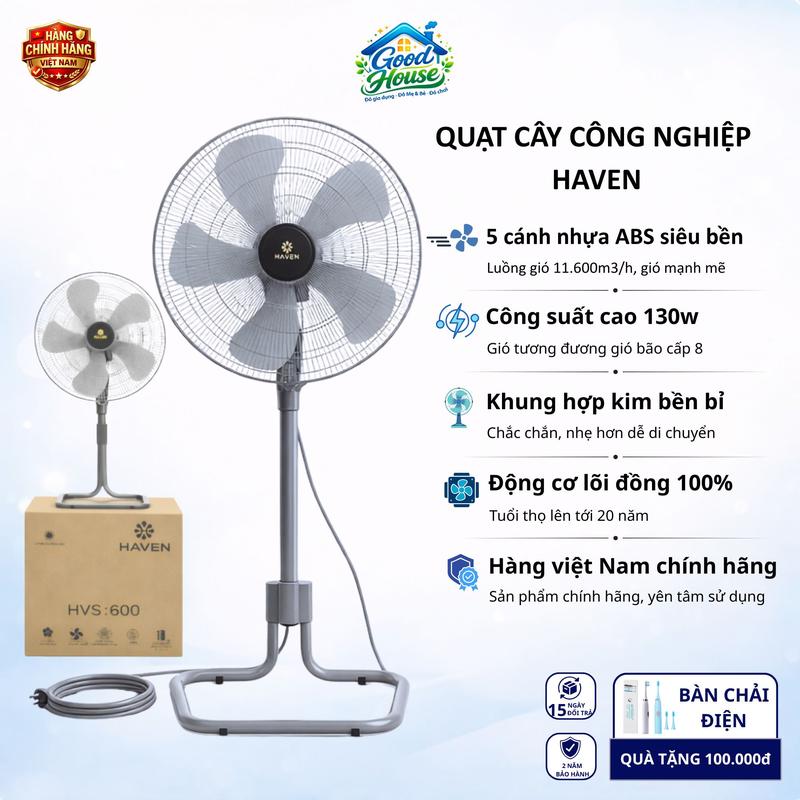 Quạt điện cây đứng công nghiệp Haven công suất lớn 130W, luồng gió mạnh mẽ,…