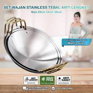 [EXCLUSIVE MAMI LOUISE DAPAT 3 WAJAN] Texania Wajan Kuali Stainless Tebal Anti Lengket Mudah Dibersihkan Tahan Lama - Wajan Resto - Wajan Hotel - 3 Ukuran 22cm 24cm 28cm Kitchenware
