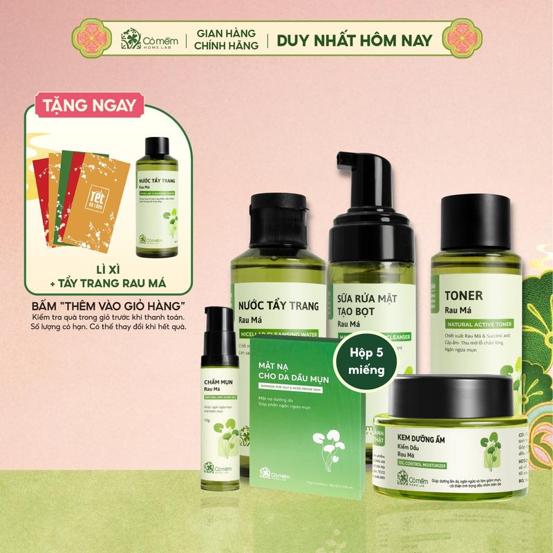 TẶNG MIỄN PHÍ TẨY TRANG RAU MÁ Bộ Sản Phẩm Chăm Sóc Da Mụn Rau Má Nước Tẩy Trang Sữa Rửa Mặt Toner Kem Dưỡng Mặt Nạ Rau Má Cỏ Mềm