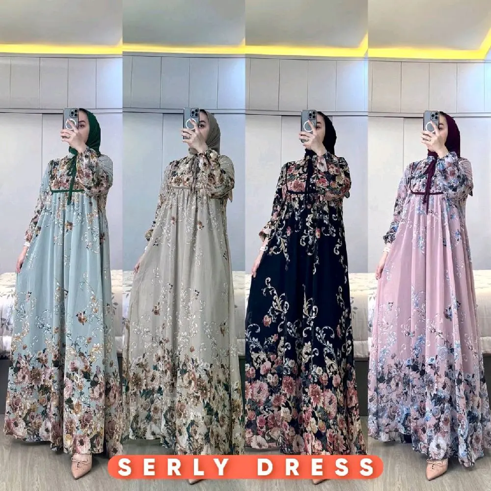 serly set hijab gamis terbaru anggun mewah motif elegan ld 115 pb 135 Muslim Dewasa Syari Remaja Wanita Ibu Lebaran Dress Kondangan