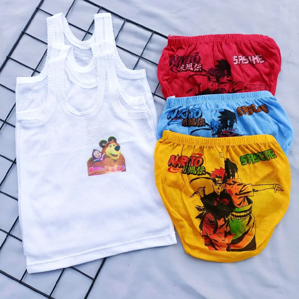 3 stel/ 3 pasang cd anak anak cowo +3 singlet anak putih karakter Fashion