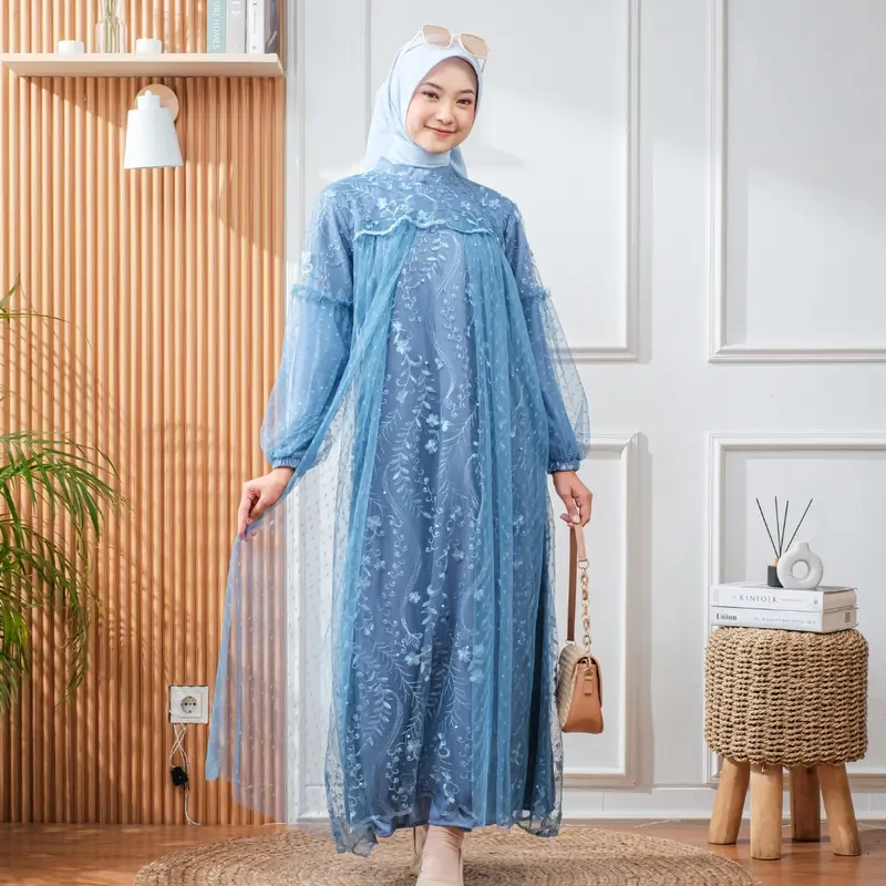 RAISHA Nusaibah Full Tile Brokat Bordir Dress / Gamis / Gaun Pesta Wanita Muslim Dewasa Motif Bunga Untuk  Lebaran, Wisuda, Kondangan Simple Tebal dan Mewah 7