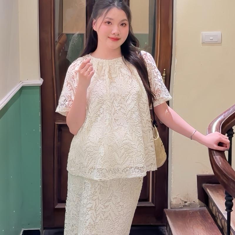 Set ren Thượng Hải đầm bầu váy bầu sang chảnh thanh lịch có đáp bụng bầu Sandal Voi Kem