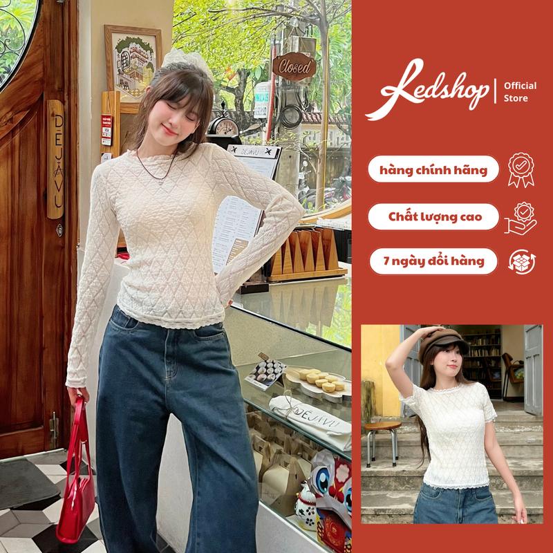 Áo ren xốp hoa Red Shop mỏng nhẹ viền ren cổ tròn dài tay- Dáng ôm style Hàn Quốc - Top Nữ Shirt cá tính Kem 305001 Women thun body