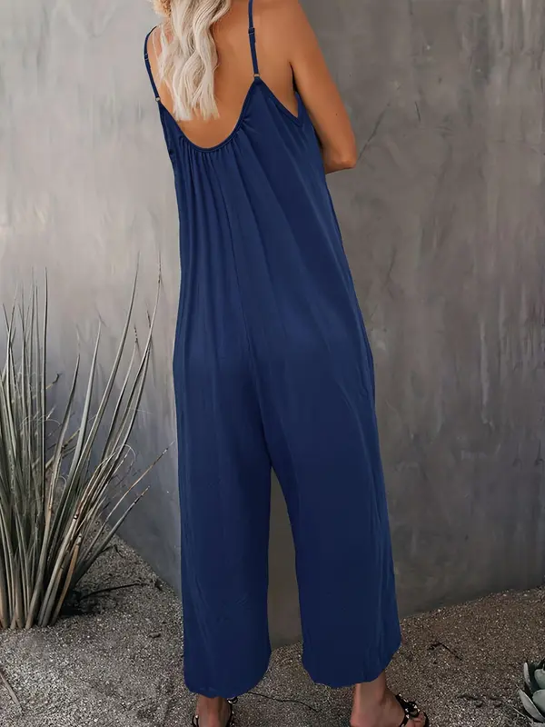 Women's Solid Color Pocket Jumpsuit, Casual Comfy Overalls Jumpsuit for Beach Vacation Holiday, Ladies Clothes for All Seasons 5