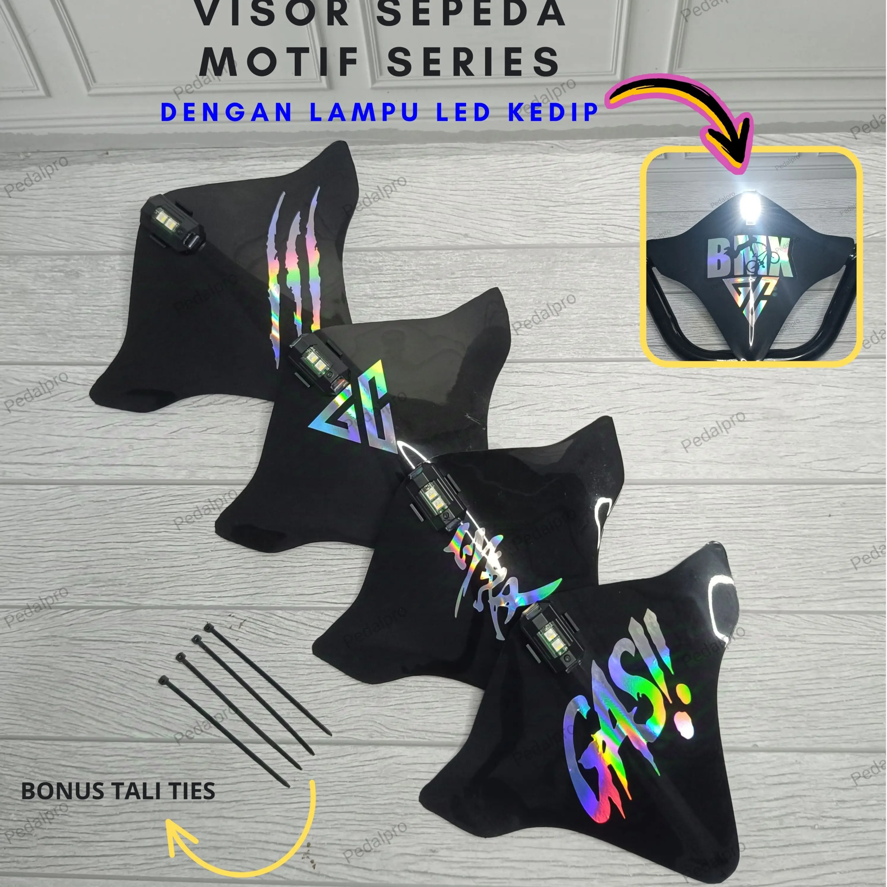 VISOR SEPEDA DENGAN LAMPU LED TEMPEL KEDAP KEDIP VARIASI MOTIF STIKER HOLOGRAM AKSESORIS SEPEDA BMX