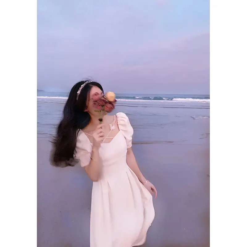 8940 dress putih gril a line formal fairy Strendy summer elegant Fitted square neck church dress 2