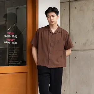 HAIBRO - Kemeja Elano Cuban Bowling Linen Oversize Lengan Pendek Pria coffe | Cokelat Mahogani