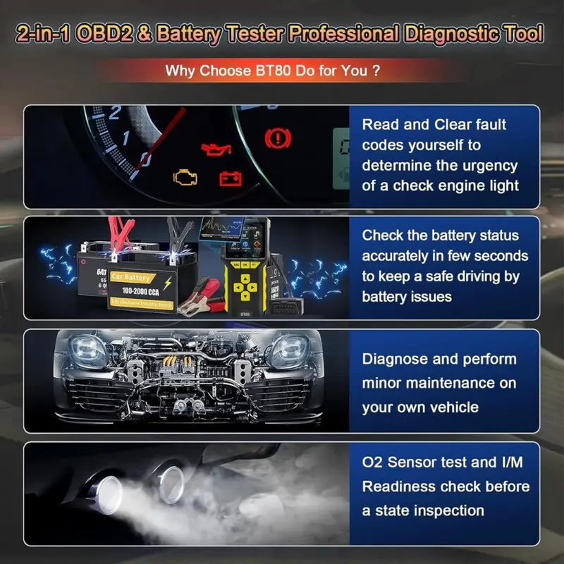 BT80 2 IN 1 OBD2 II Scanner Mobil dan Battery Baterai tester Pembaca Cek Kode Diagnostic OBD 2 BT 80 BT-80 Error Code Check Engine + Aki Test 7