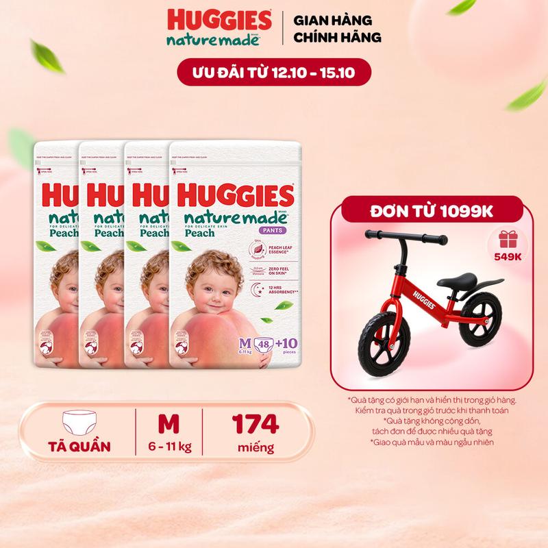 [Mới Ra Mắt] Combo 4 Tã quần Huggies Naturemade Peach M48+10/L44/XL38/XXL26