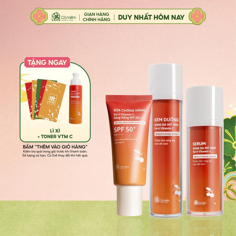  Bộ Chăm Sóc Da 3 Bước Kem Dưỡng Serum Và Sữa Chống Nắng Sơ-ri Vitamin C SPF50+ Cỏ Mềm Giúp Dưỡng Sáng và Bảo Vệ Da 