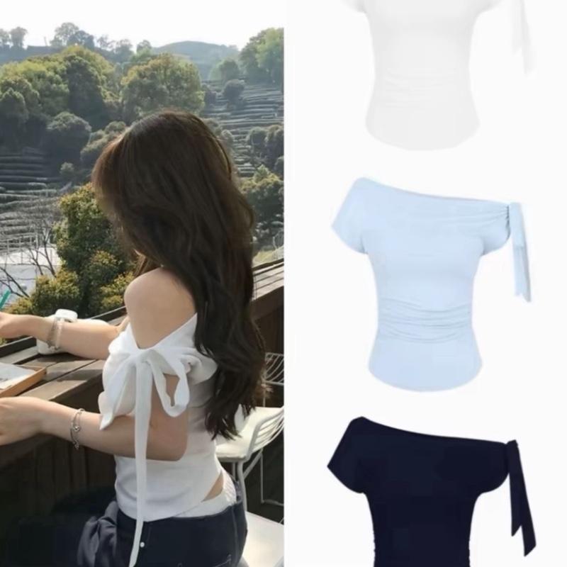 A67 Áo Kiểu Trễ Vai Kèm Dây Buộc Nơ Nữ Siêu Tôn Dáng size dưới 53kg