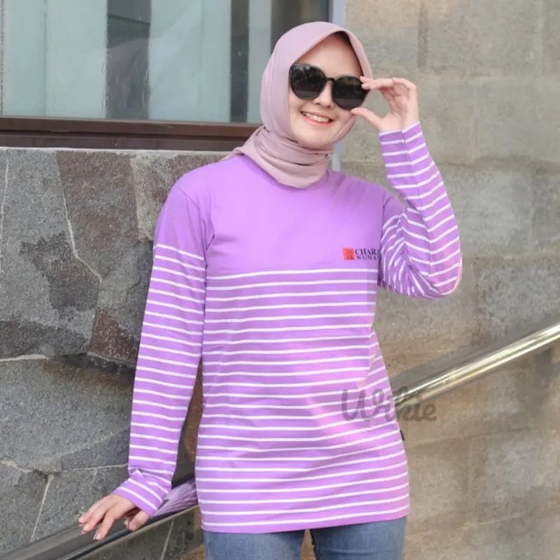 Terlaris Kaos Wanita Salur Lengan Panjang Atasan Wanita Hijab Salur Baju Belang Kaos stripe Wanita Kaos Ootd 5