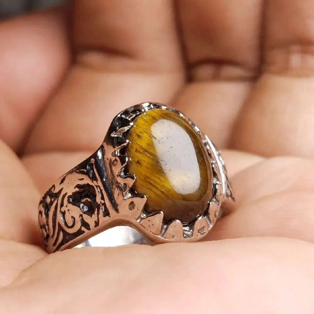 Cincin Batu Tiger Eye Dim 14mm / Mata Harim4u / Biduri Sepah Asli Natural