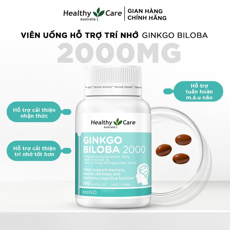 Healthy Care Viên Uống Bổ Não Ginkgo Biloba 2000mg  Chính Hãng Úc - 100 Viên | Tăng Cường Trí Nhớ, Lưu Thông Máu Não, Giảm Đau Đầu & Stress | Vitamin Dinh Dưỡng Bổ Não
