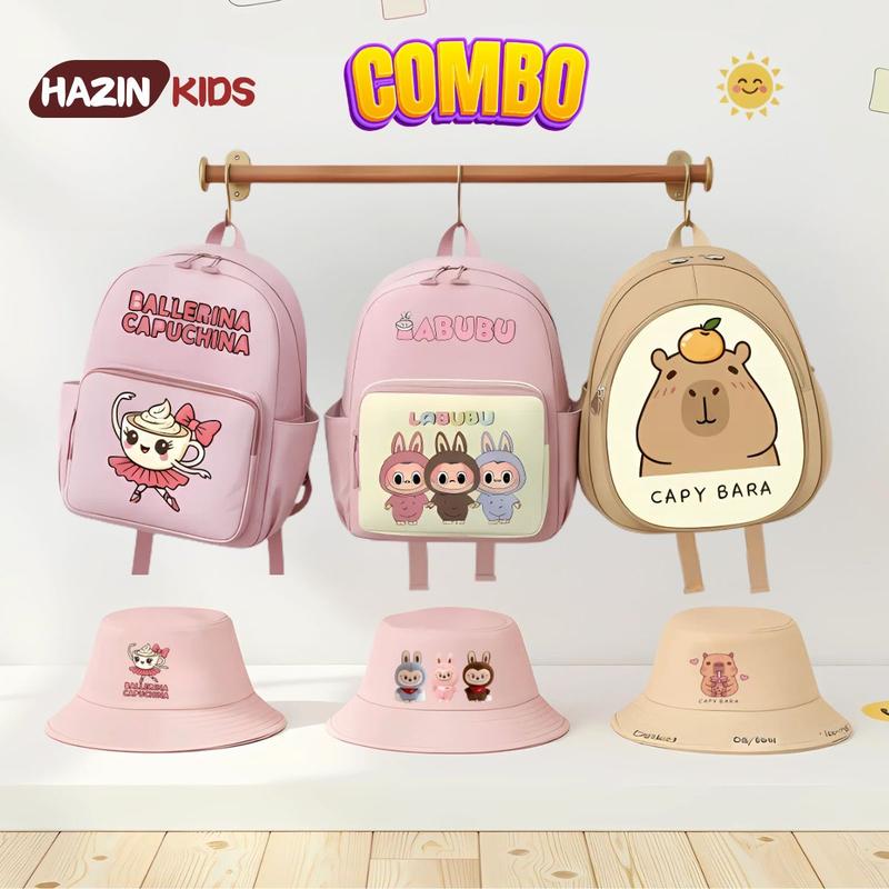Combo Balo mũ cho bé từ 2-5 tuổi, cặp đi học mầm non bé trai, bé gái hình labubu, capybara, hello kitty
