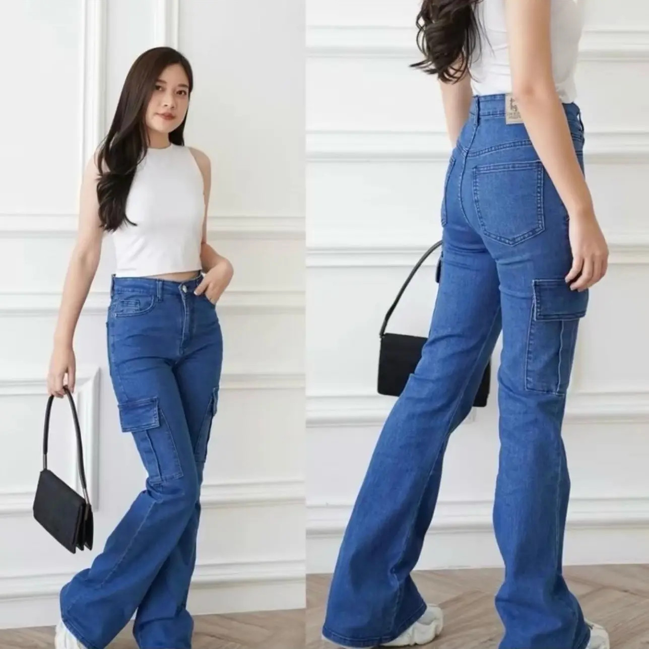 ￼Highwaist Cutbray Jeans Cargo Wanita Celana Cargo Jeans Stretch Melar Kekinian Panjang Premium