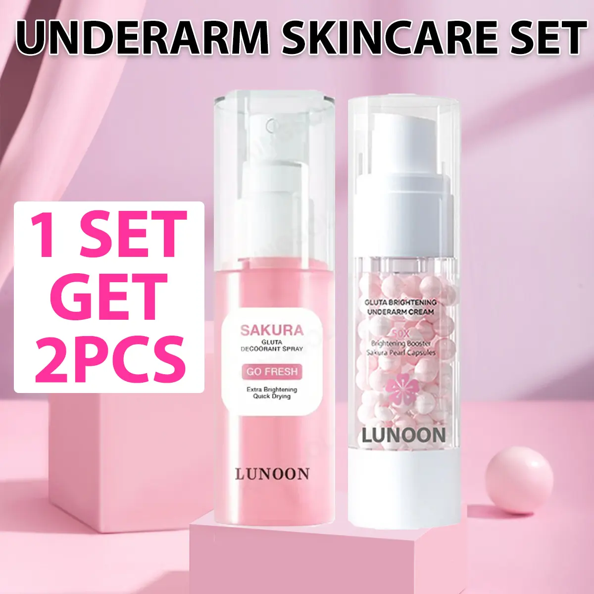 Set Penjagaan Kulit, 2PCS, Sakura Gluta Brightening Krim Ketiak, 30g, Semburan Deodoran Gluta, 50ml