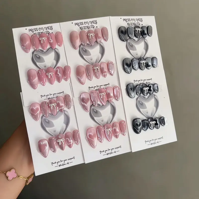 Art Lem Kuku Hand Polish Press On Nails Love V2 Ribbon Cat Eye Kuku Palsu Unik & Menarik Dengan Sentuhan Hati Cocok Untuk Berbagai Kesempatan 3