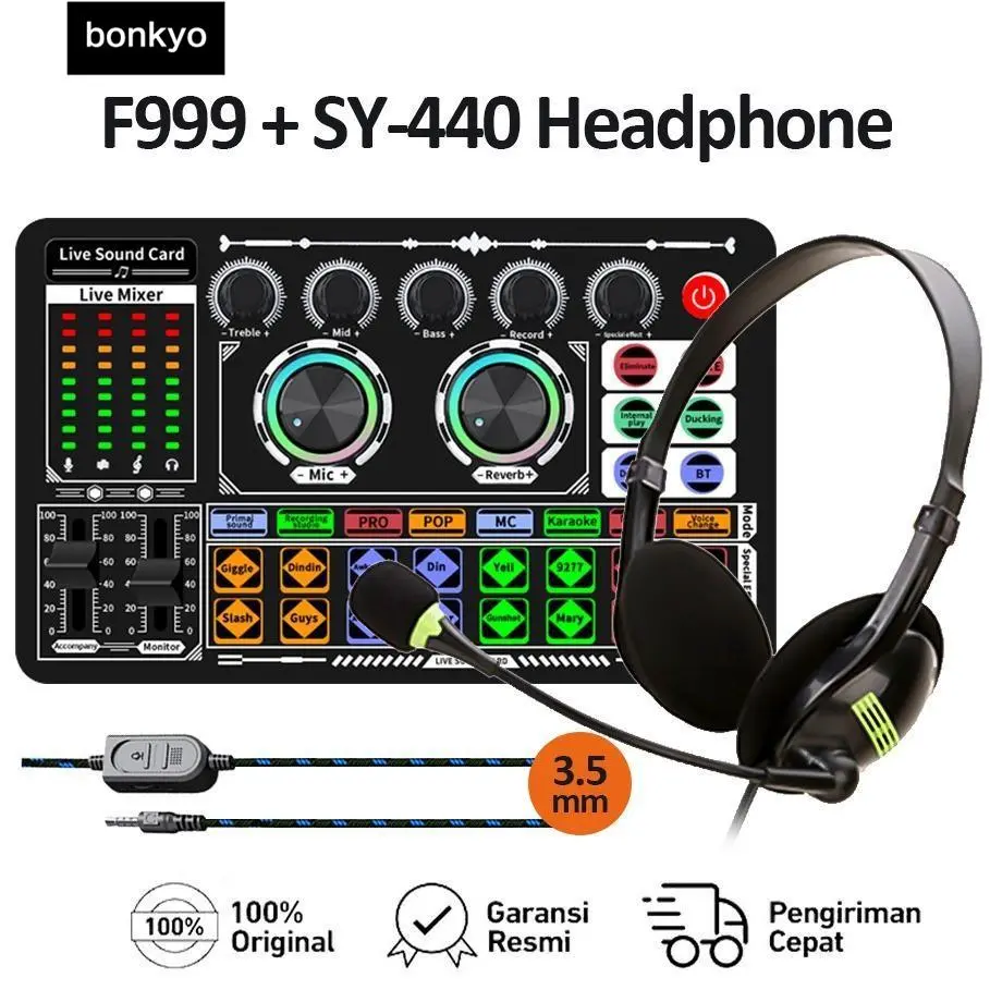 Bonkyo F999 sound card + Headphone Berkabel dengan pemantauan peralatan audio set lengkap mikrofon sound card TIKTOK bernyanyi ponsel mixer khusus rekaman lagu K profesional[COD]
