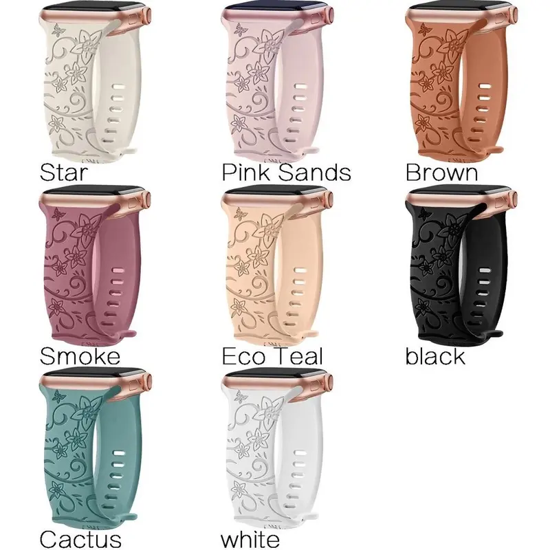 Strap for IWatch 49mm 45mm 44mm 42mm 41mm 40mm 38 mm Soft Sport Engraved Band Women Silicone Print Flower Printed Tali Jam Tangan Apple Watch Series 1 2 3 4 5 6 7 8 9 SE Ultra T500+pro Smartwatch S20 IWO HW IWO CW Rubber Accessories 1