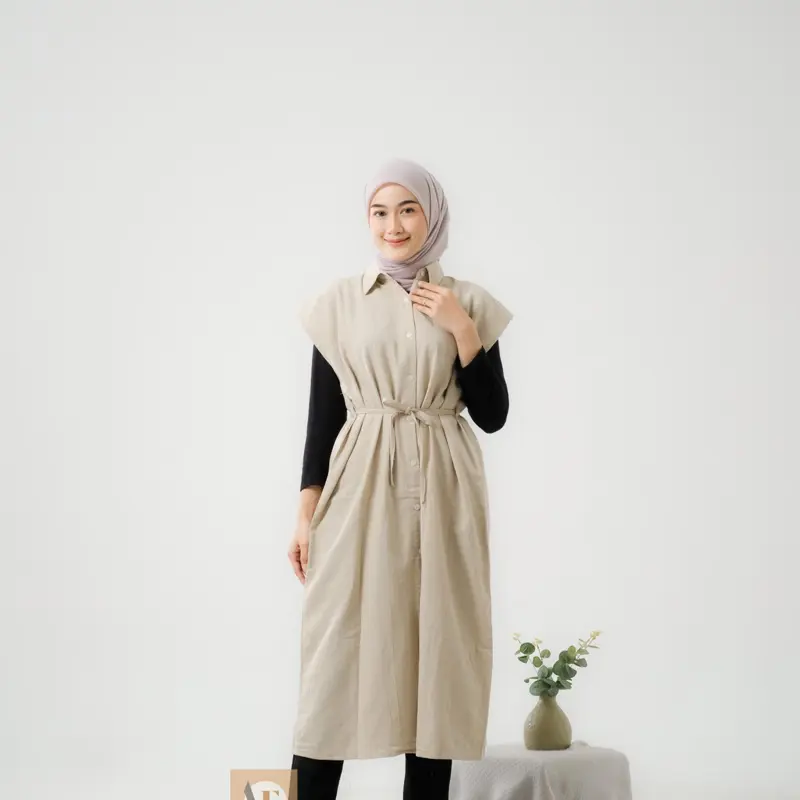 AESTORE - Hanum Overall Dress Outer Polos Jumpsuit Wanita Muslim Panjang Look Korean Style Linen Angel Full Kancing Busui Friendly Berkerah Kemeja Casual All Size Fit to XL