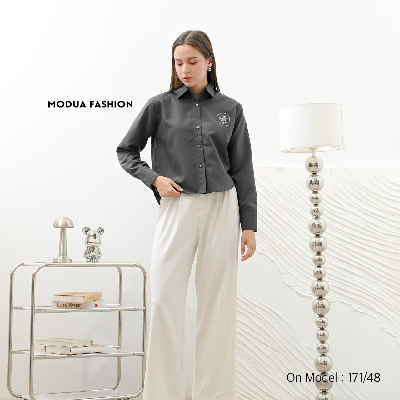 MODUA - FLOLA SHIRT Kemeja Formal Wanita Korea Bluse Kekinian Bahan Poplin Premium Bordir Eksklusif Earth Tone Hijab Friendly Size L