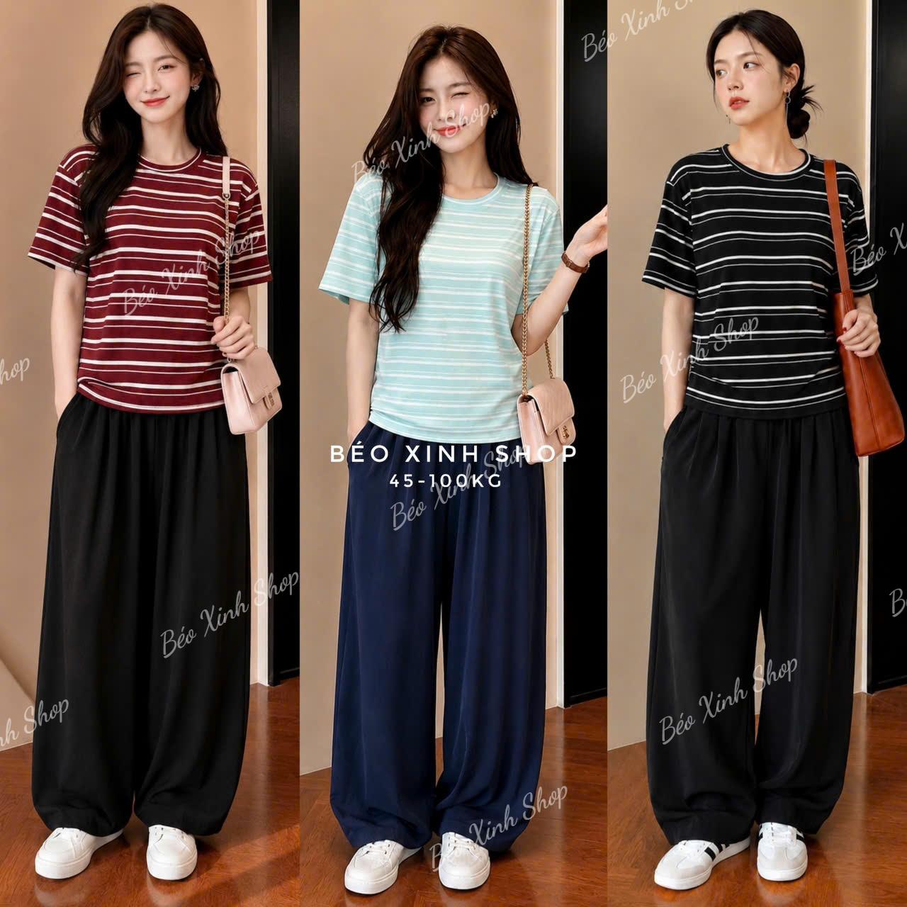 Set Bộ Nữ Bigsize Áo Thun Sọc Cotton Cổ Tròn + Quần Suông Rộng Che Dáng 45-100kg – A.1829