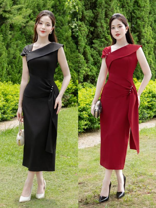   MIỄN SHIP  BST MDU5129 Váy Mango Cao Cấp – Thiết Kế Cổ Xéo Lệch Vai Thanh Lịch Với Điểm Nhấn Ngọc Trai Dành Cho Nữ 