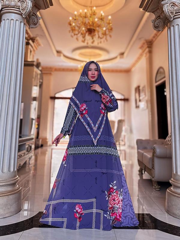 Tania Set Syar'i (Gamis & Khimar) Hitam Kain Motif Muslim Panjang Printing 4