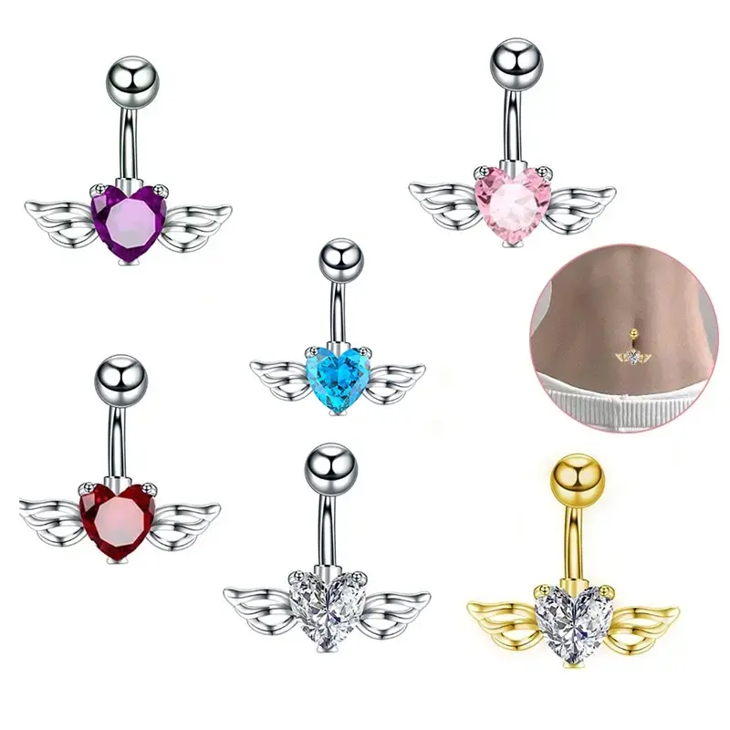 belly piercing anting pusar Berbentuk hati Zirkon Fesyen Sederhana piercing pusar 16mm diameter Cincin Pusar Sayap Perhiasan Tindik Perhiasan pasangan uniseks 1